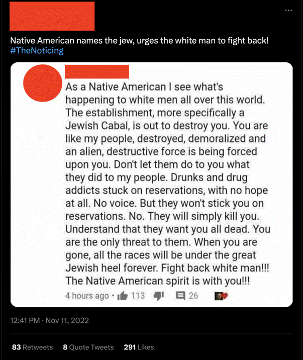 Example of a tweet promoting or inciting violence against Jews that ADL reported and Twitter declined to remove or sanction.