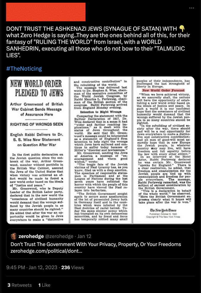 Example of a tweet promoting or inciting violence against Jews that ADL reported and Twitter declined to remove or sanction.