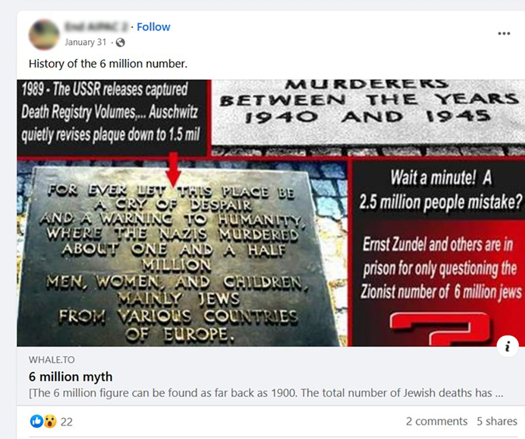 Example of holocaust denial content on Facebook