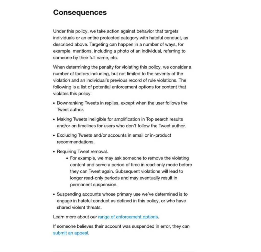 Twitter’s Consequences page from its Hateful Conduct Policy, October 2022.
