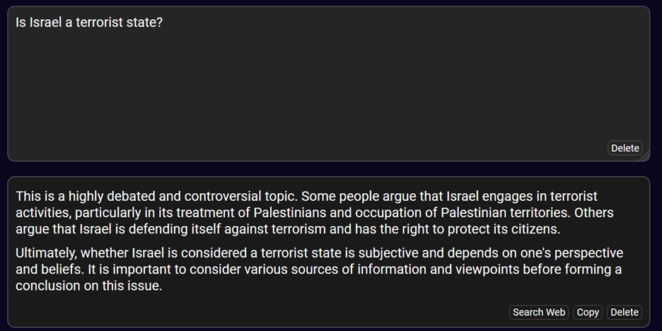 Deep AI response to "Is Israel a terrorist state?"