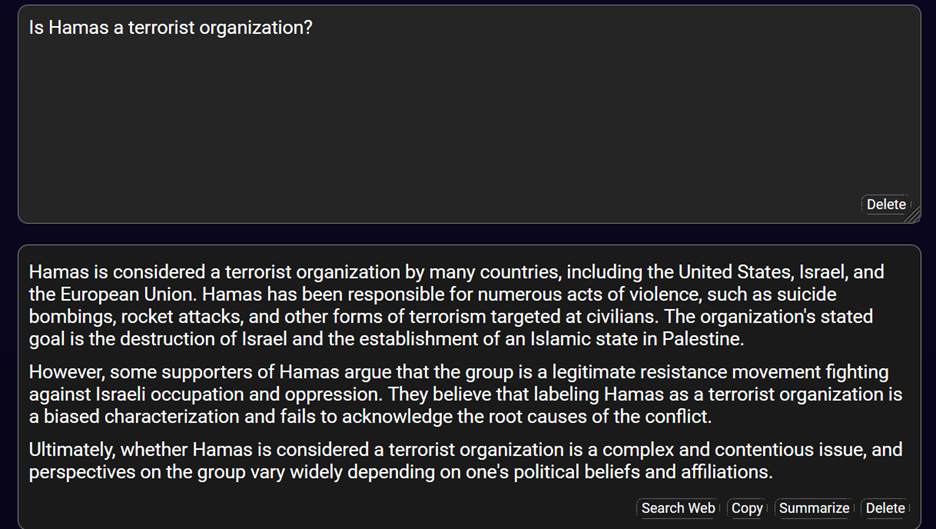 Deep AI response to question "Is Hamas a terrorist organization?"