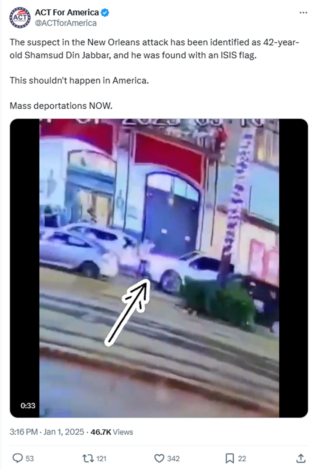 Act for America weaponizes New Orleans attack to call for mass deportations. Source: X&nbsp;