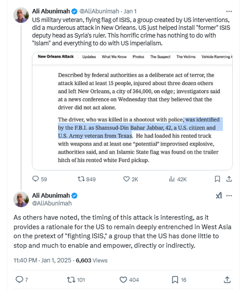 Electronic Intifada founder Ali Abunimah expresses suspicion over the timing of the New Orleans attack. Source: X