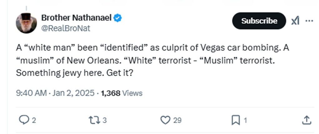 Antisemitic propagandist Brother Nathanael suggests there is “something jewy [sic]” about recent attacks. Source: X
