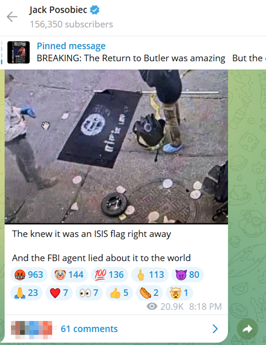 Jack Posobiec alleges that FBI agents lied about Jabbar’s ISIS flag. Source: Telegram