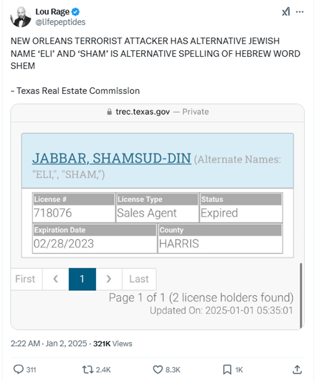 X influencer “Lou Rage” refers to “alternative Jewish name” of suspect. Source: X