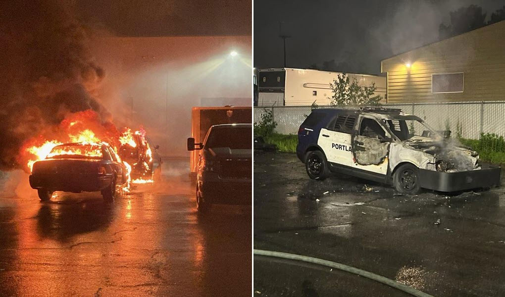 Left: A photo showing a car engulfed in flames. Right: A photo showing a burned police SUV.