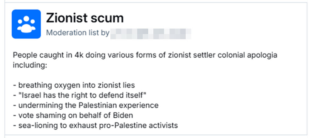 A moderation list deeming select users on the platform “Zionist scum.” 