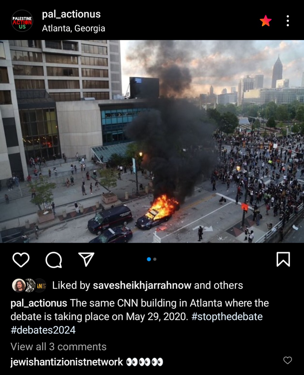 A screenshot of a June 2024 Instagram post by Unity of Fields (then Palestine Action U.S.) showing a police car on fire in a 2020 protest outside a CNN building in Atlanta, Georgia. 