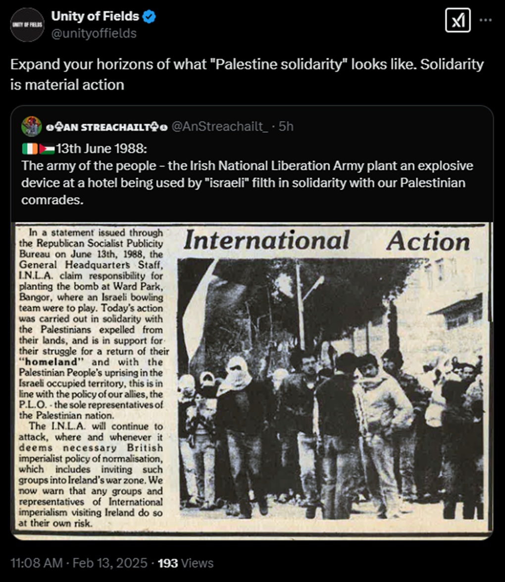 A screenshot of a quote tweet on X by Unity of Fields calling to "expand your horizons" surrounding "Palestine Solidarity" and includes a 1988 newspaper clip of a story about a bomb planted in a park in Northern Ireland that targeted a visiting Israeli bowling team