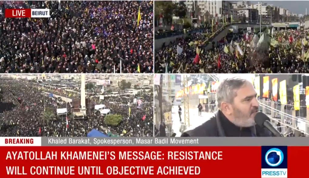 Samidoun's Khaled Barakat is interviewed on Press TV at the joint funeral of Hezbollah leaders Hassan Nasrallah and Hashem Safieddine in Beirut, Lebanon, on February 23, 2025