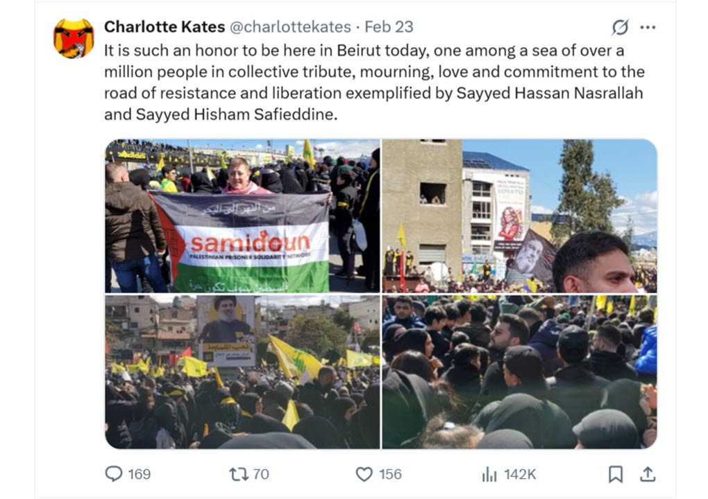 Samidoun leader Charlotte Kates attends the joint funeral of Hassan Nasrallah and Hashem Safieddine in Beirut, Lebanon, on February 23, 2025