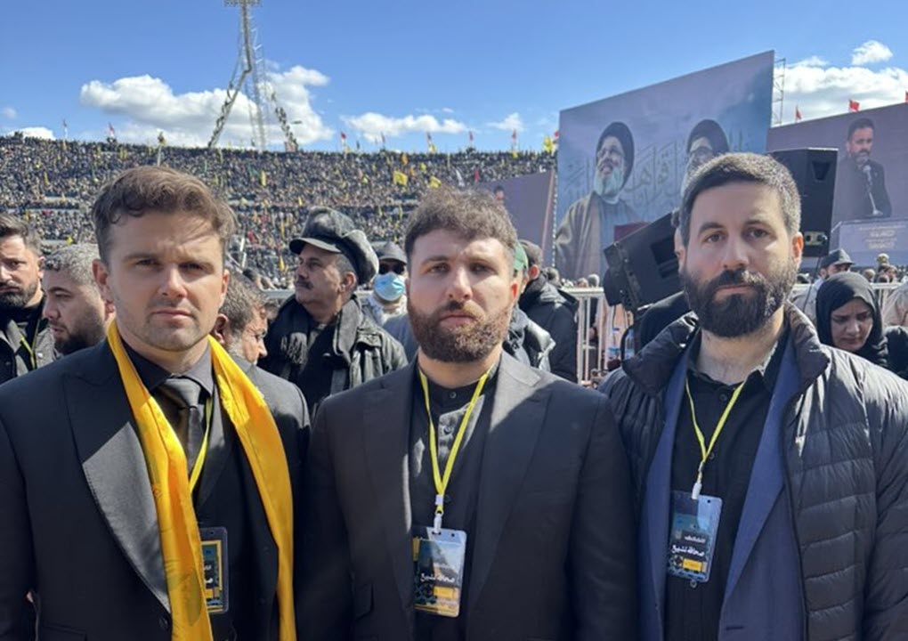 Jackson Hinkle, Haz Al-Din, and Christopher Helali attend the joint funeral of Hezbollah leaders Hassan Nasrallah and Hashem Safieddine in Beirut, Lebanon, on February 23, 2025