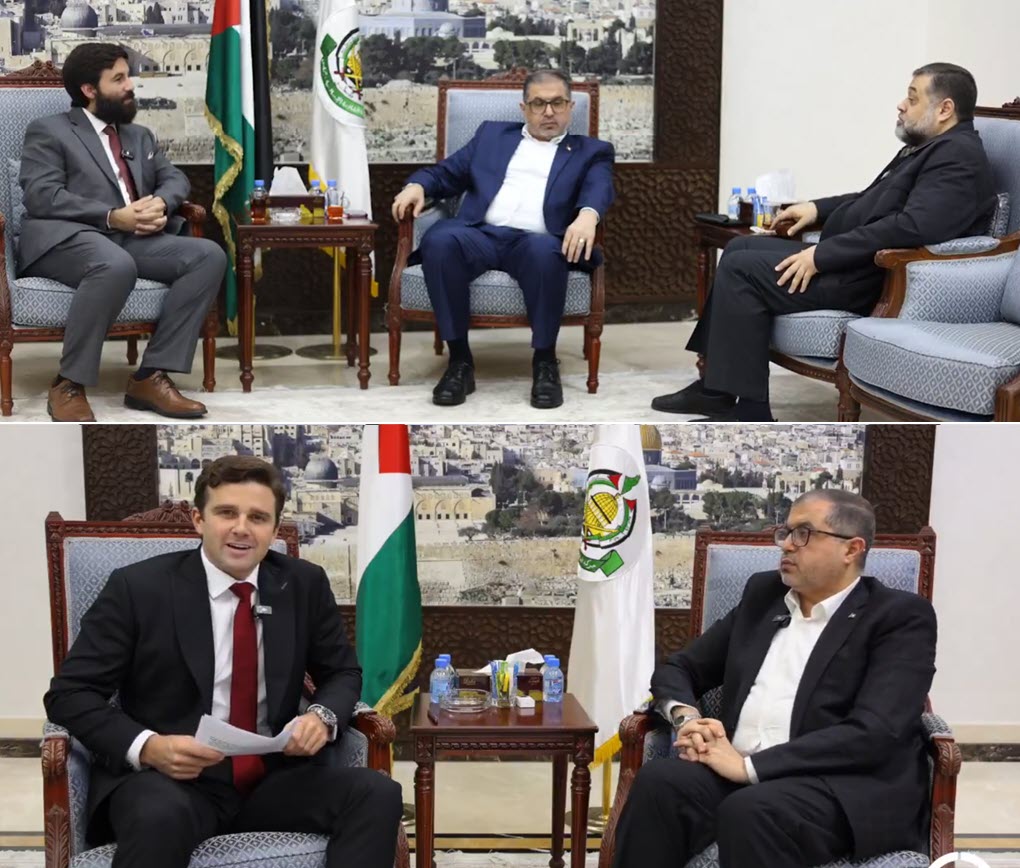 Christopher Helali interviews Hamas officials Basem Naim and Osama Hamdan in Qatar in August 2024 (above) and Jackson Hinkle interviews Basem Naim in February 2025 