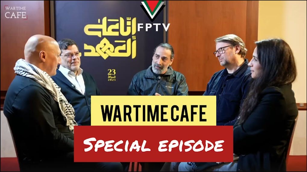 Left to right: Dimitri Lascaris, Mohammad Marandi, host Laith Marouf, David Miller and Leila Hatoum appear on an episode of “Wartime Café” recorded in Lebanon on February 22, 2025