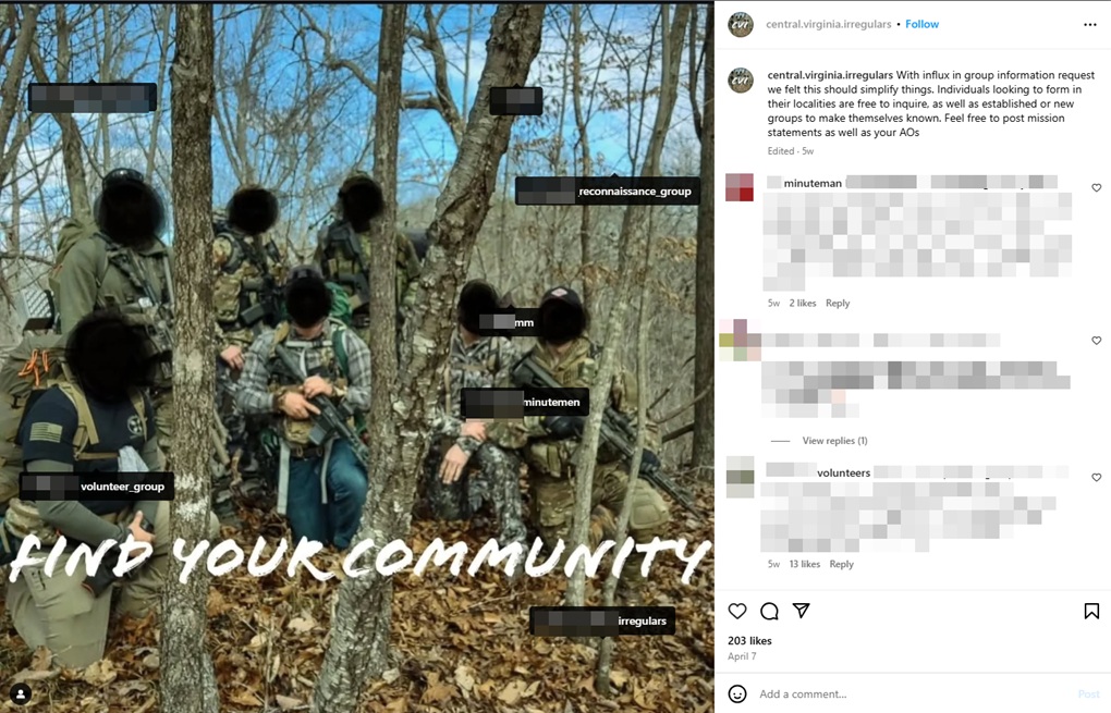 An Instagram post from April 7, 2025, by the Central Virginia Irregulars tagging other militia groups and requesting militias and those interested in joining them to discuss in their comments section