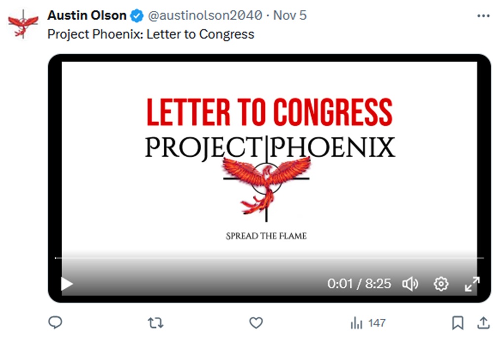Screenshot of an X post by Olson of a video reading his antisemitic letter to Congress