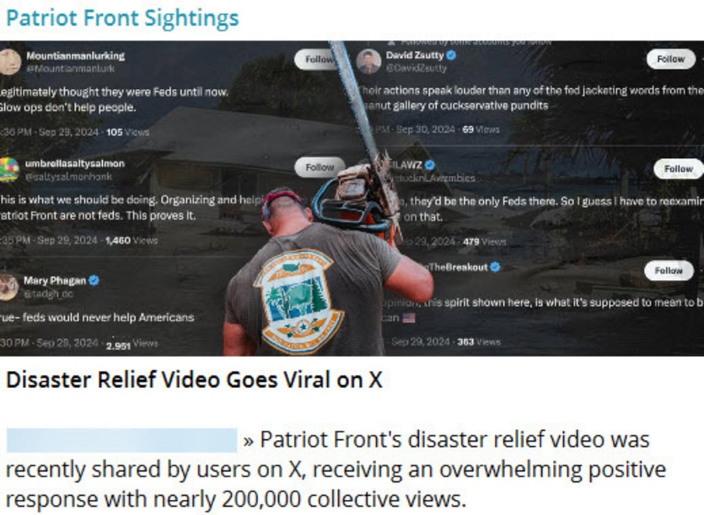 Post of a past Patriot Front video about their disaster relief efforts.