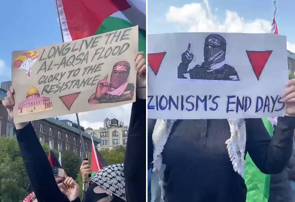 Image: Posters displayed at Columbia University in New York, NY, on October 7, 2024, feature images of Hamas's Abu Obaida alongside paraglider imagery, inverted red triangle imagery, and slogans that celebrate Hamas’s deadly attack on Israel one year earlier. (Screenshot/X)