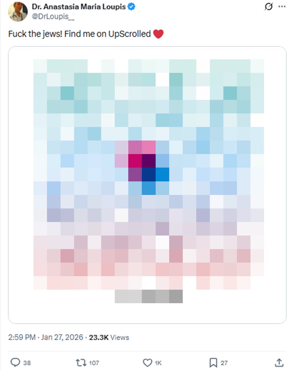 Screenshot: Anastasia Maria Loupis using antisemitism to advertise UpScrolled account. Source: X