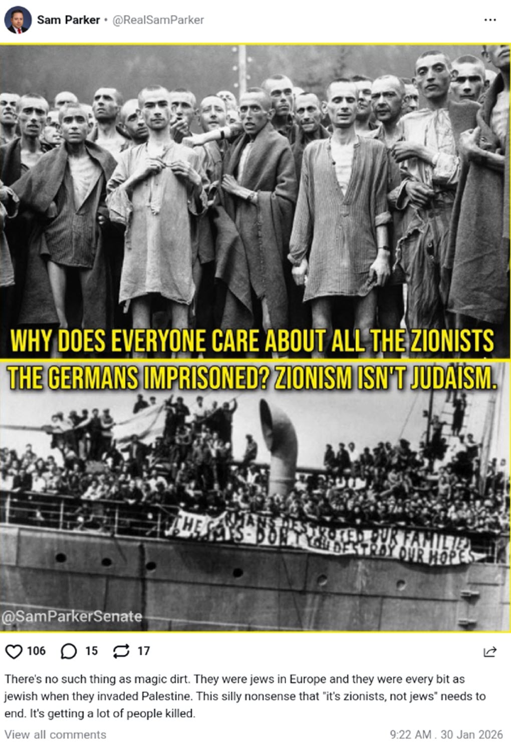 Screenshot: Post by Sam Parker on UpScrolled, minimizing Jewish victims in Holocaust. Source: UpScrolled