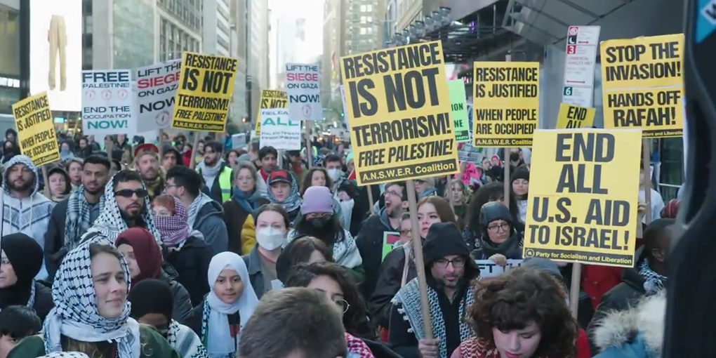 Screenshot: Protesters at a Quds Day protest co-sponsored by the ANSWER Coalition in New York City on April 5, 2024. (Screenshot/YouTube)