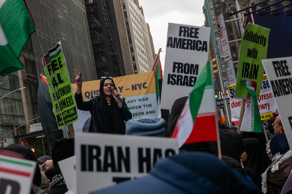 Protesters gather in Times Square in NYC for the annual Quds Day rally, held on the last Friday of Ramadan.
