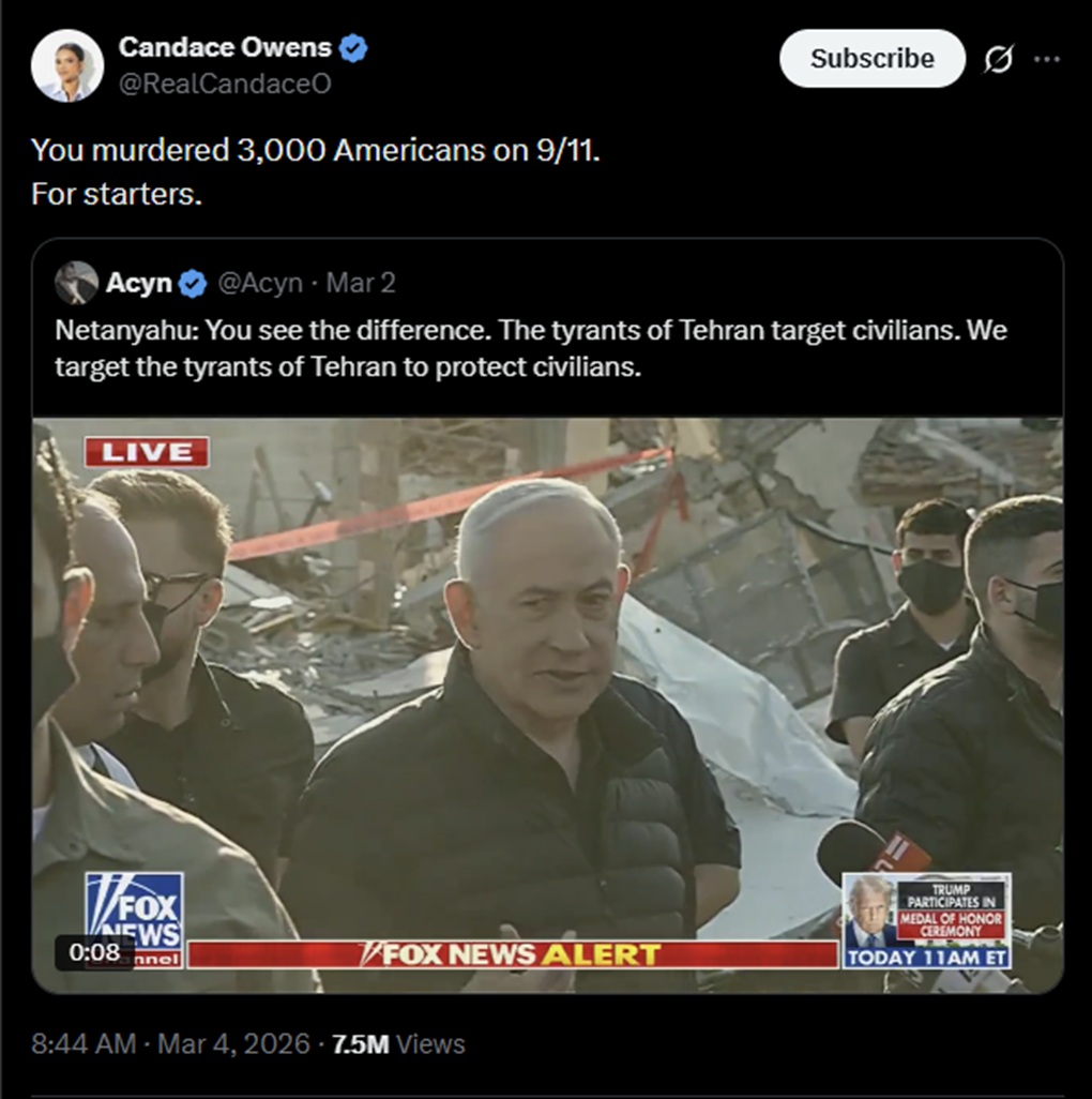 Candace Owens says Netanyahu "murdered 3,000 Americans on 9/11"