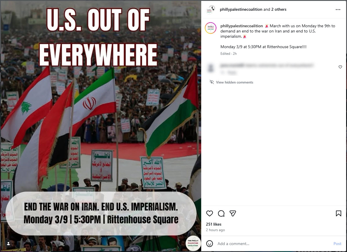 Screenshot: The announcement for the Philadelphia, Pennsylvania, protest on March 9, 2026, featured imagery of the notoriously antisemitic banner of the Houthis that reads, in part, "Death to America, Death to Israel, A curse Upon the Jews" in Arabic. (Screenshot/Instagram) 