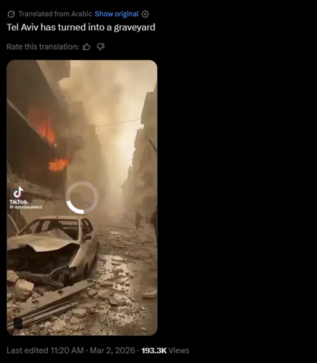 Screenshot from an AI-generated video alleging mass destruction in Tel Aviv