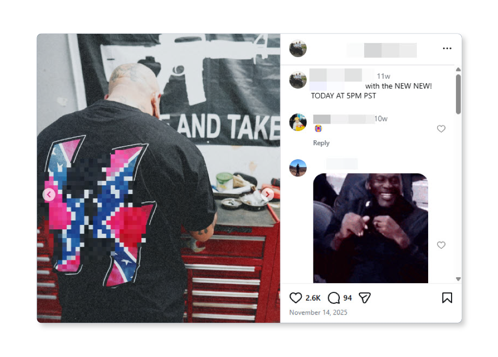  Screenshot: Instagram post from Curb Stomp MFG’s account featuring their obscured SS bolts shirt with the Confederate flag. (Screenshot/Instagram)