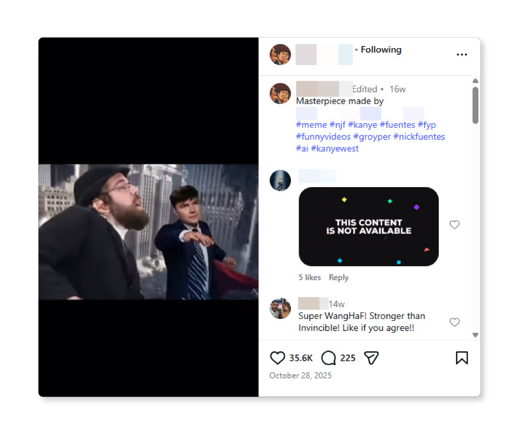 Screenshot: Groyper GAI reel showing Fuentes fighting a group of Orthodox Jewish men. (Screenshot/Instagram)