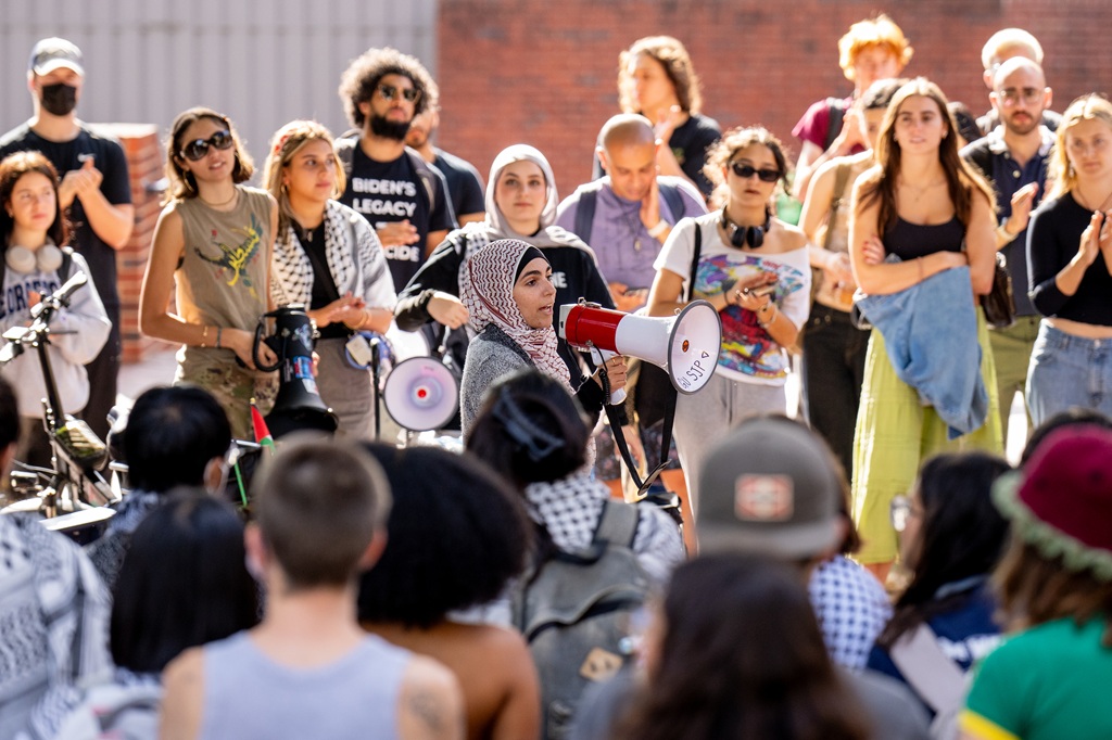 A woman speaks as Georgetown students hold an on-campus protest at Georgetown University on September 4, 2024, in Washington, DC.