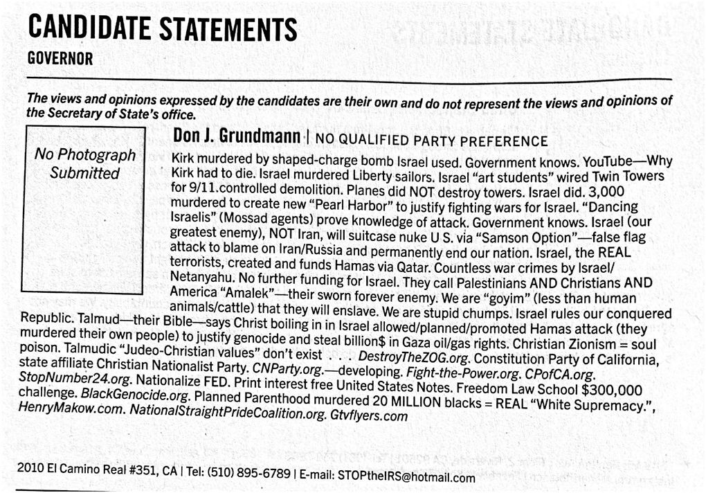 California Gubernatorial Candidate Don J. Grundmann’s antisemitic candidate statement published in the state’s voter information guide. (Source: Voter Information Guide, California Office of the Secretary of State)