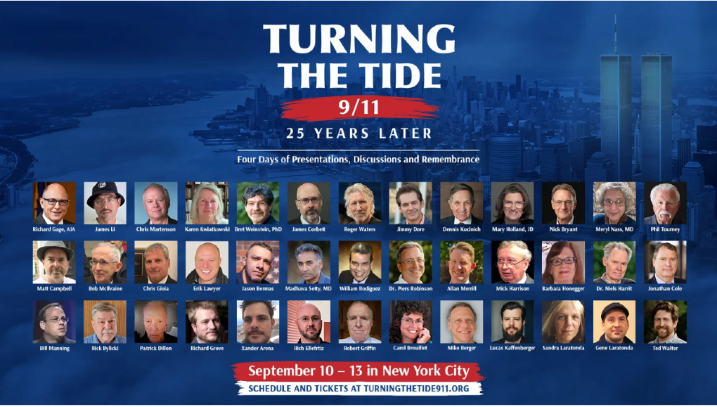 Image: Scheduled speakers for the “Turning the Tide” conference set to take place in New York City in September 2026, featuring speakers known to espouse a wide range of conspiratorial and antisemitic views that stretch beyond 9/11. (Source: Screenshot)