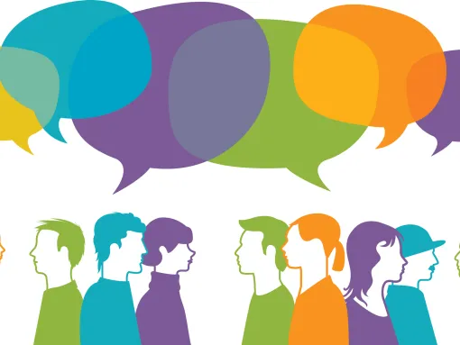 Colorful illustration of people chatting with speak bubbles above their heads