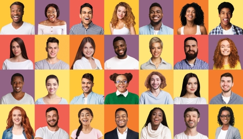 Set of Smiling Mixed People Faces Posing Over Colorful Backgrounds