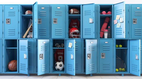Open lockers at school with various sports equipment and materials inside