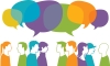 Colorful illustration of people chatting with speak bubbles above their heads